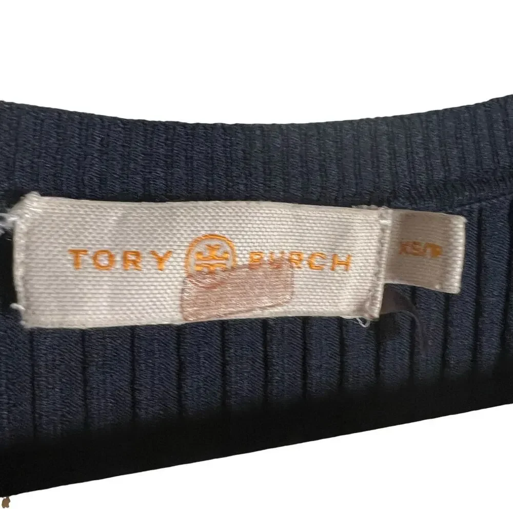 Tory Burch Navy Blue Sleeveless Pleated Knit Crewneck Midi Sweater Dress Size XS